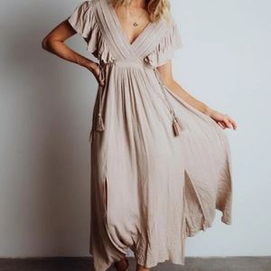 Baltic Born Jennifer Deep V Neck Maxi Dress Tassel Waist Beige Tan Medium M